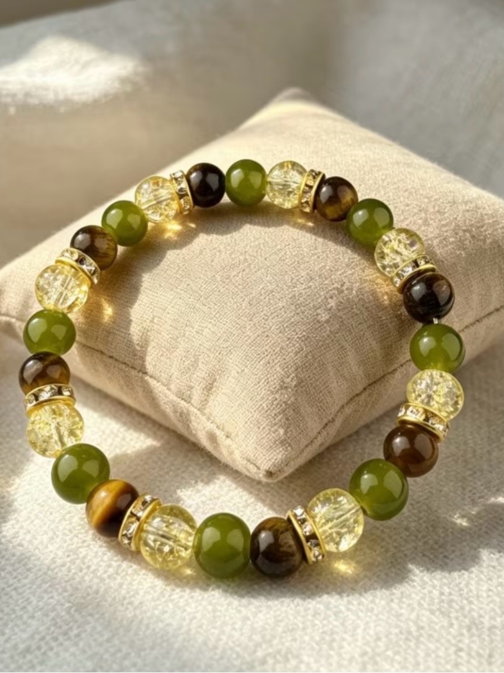 Green and Brown Beaded Stretch Bracelet with Gold Accents
